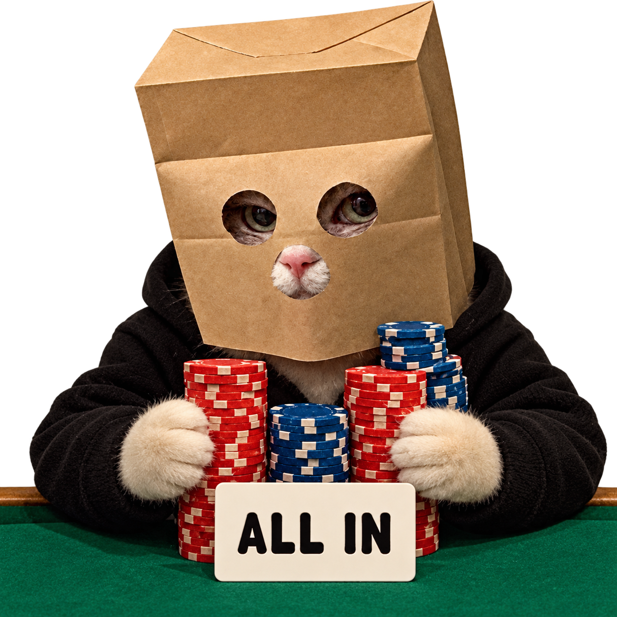 Anonymous ALLIN character in a paper bag mask holding poker chips at a green table